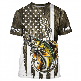 Lake Grass Camo US Flag Custom Name Shirt Walleye Patriotic Fishing T-Shirts With Name