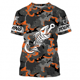 Fish Hook Skull Orange Camo Fish Reaper Custom Name Fishing Tshirt