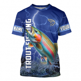 Rainbow Trout Fishing Blue Lightning Custom Performance Short Sleeve Tournament Fishing Shirts