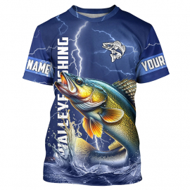 Walleye Fishing Blue Lightning Custom Name Performance Fishing T-shirt
