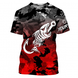 Fish Hook Skull Black Red Camo Fish Reaper Custom Name Fishing Tshirt