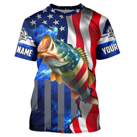 Bass Fishing American Flag Patriotic Customize Name All-Over Print Unisex Fishing Bass T-Shirt