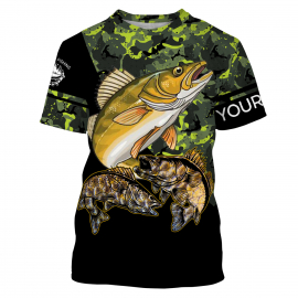 Walleye Fishing Black Green Camo Custom Name Fishing Shirts T-shirt