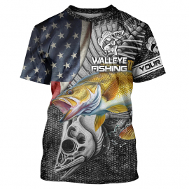 Walleye Fishing American Flag Patriotic Fish Skull Customize Name All-Over Print Unisex Fishing T-Shirt